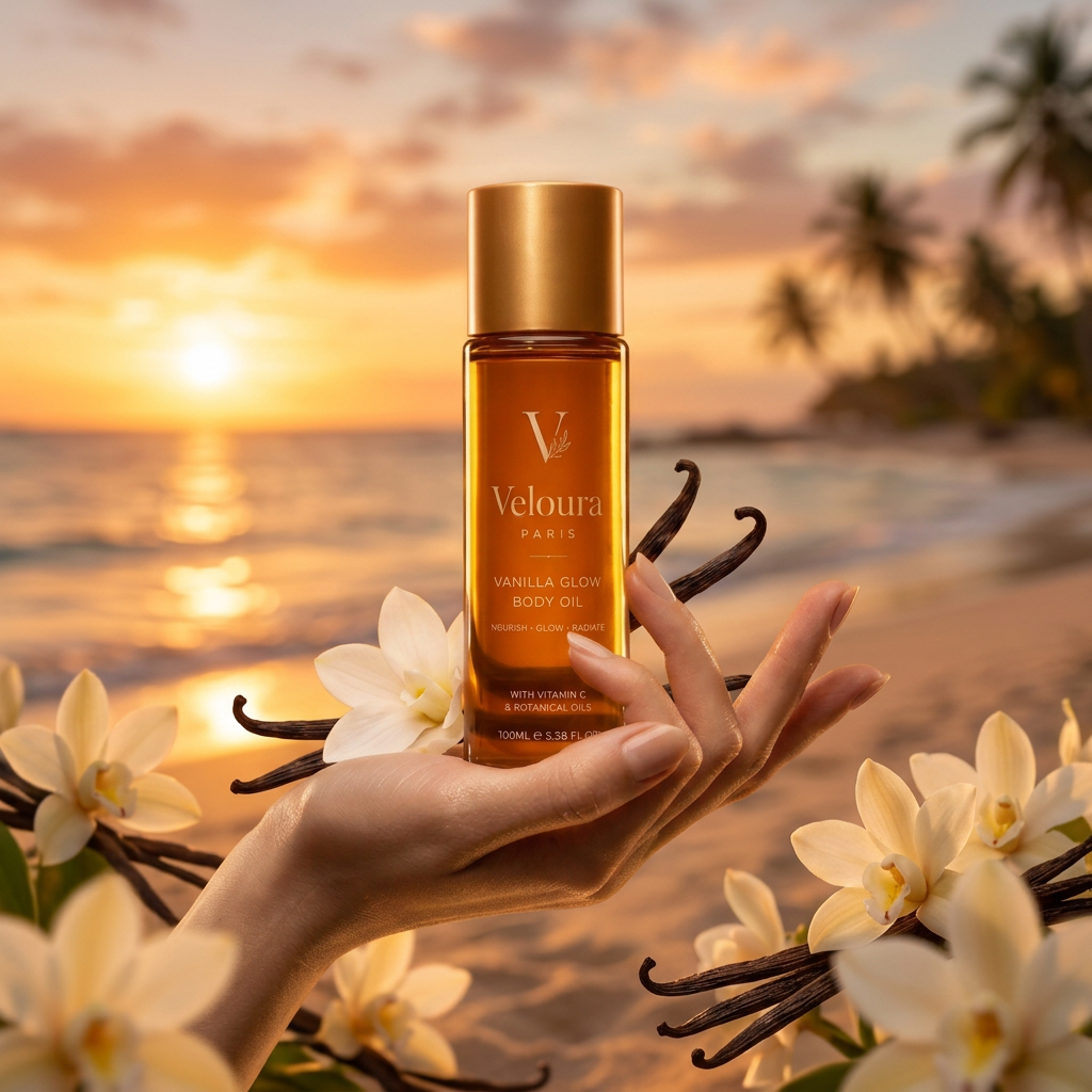 Valoura Paris Vanilla Glow Body Oil at sunset beach with vanilla flowers